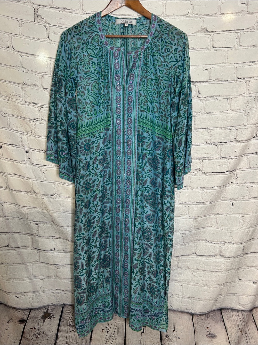 Bella Tu Teal & Green Printed Maxi Tunic Dress Size Small Excellent Condition